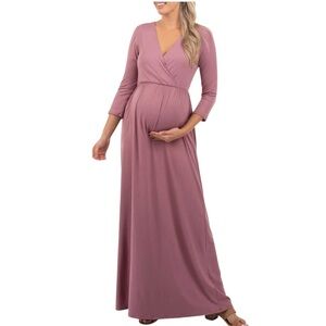 Mother Bee Maternity Long Sleeve Wrap Maxi Dress - Dusty Rose